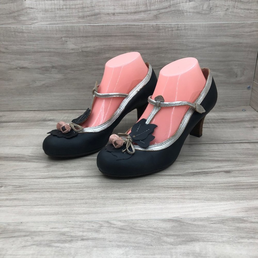 Anthropologie Miss Albright Heels Women's 9 B Blue Leather Budding T Strap Slip - Picture 3 of 12